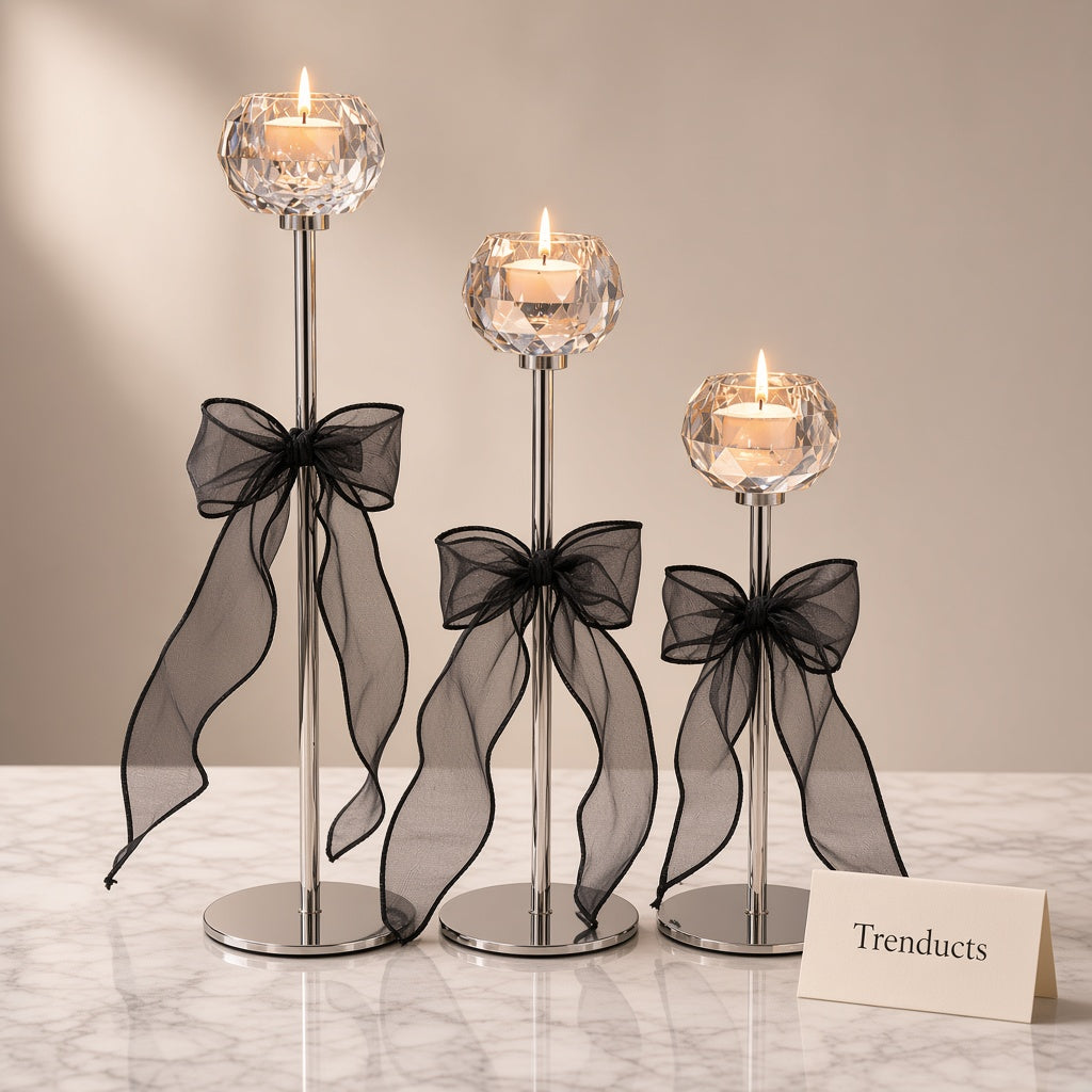 Metal Candle Stand Set of 3 with Black Bows - Round Cups