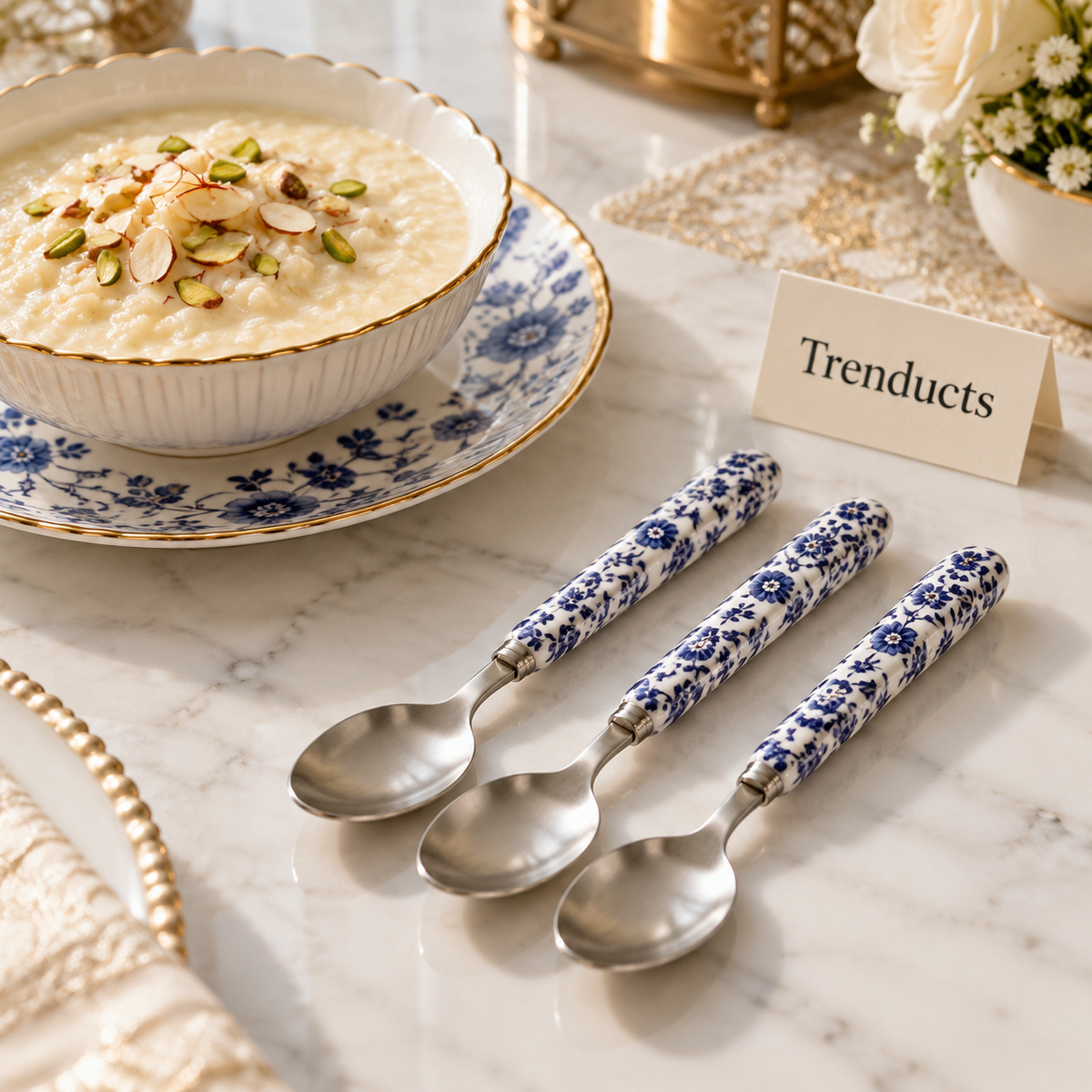 Danny Home Dessert Spoon Set - 3 Pcs Blue Floral 16 cm