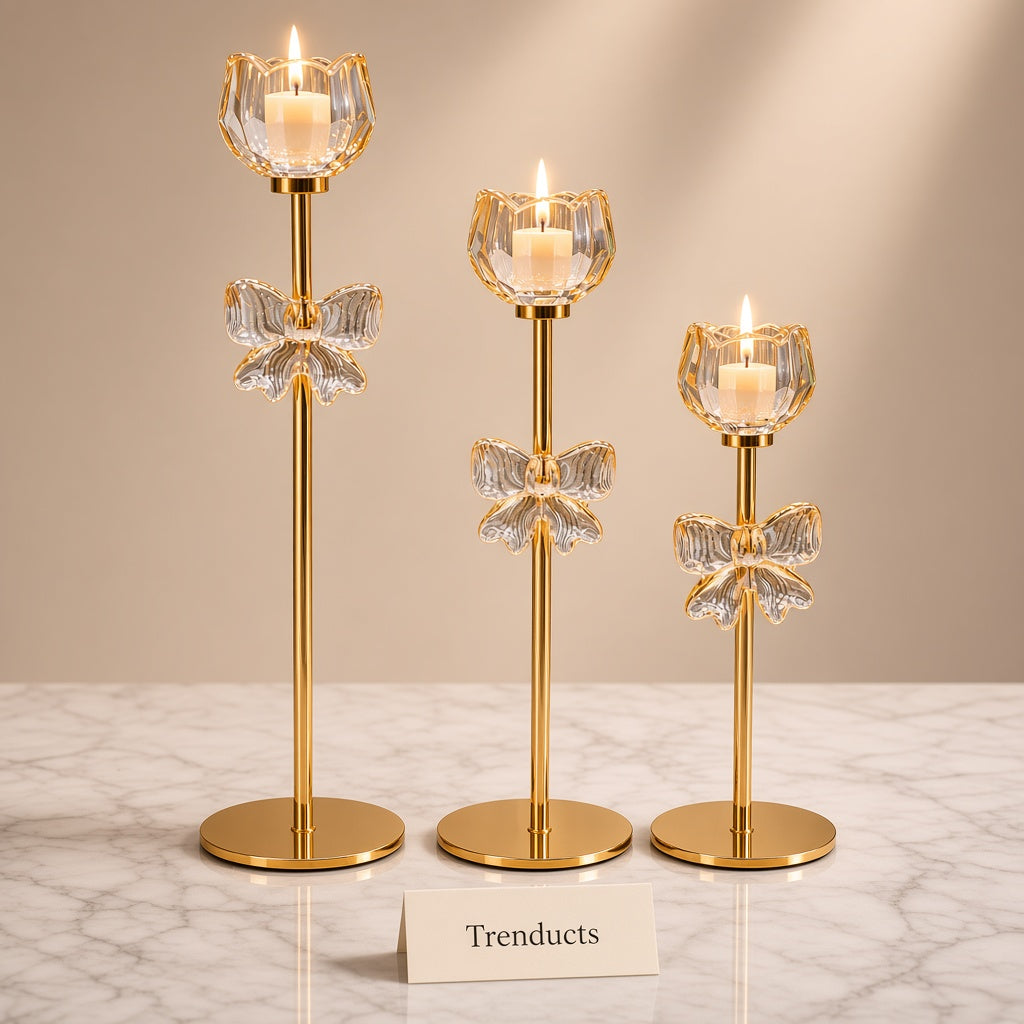 Metal Candle Stand Set of 3 with Glass Tulip Cups - Gold
