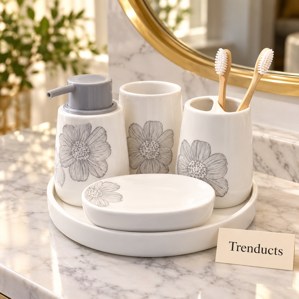 Brilliant 5 Piece Bathroom Set - White & Grey Flowers