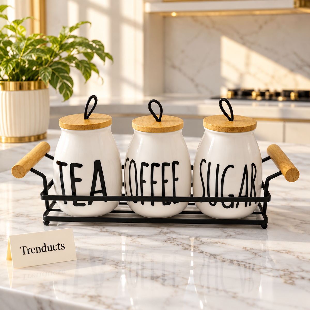 Luxury Ceramic Tea Coffee Sugar Canisters Set with Black Metal Stand