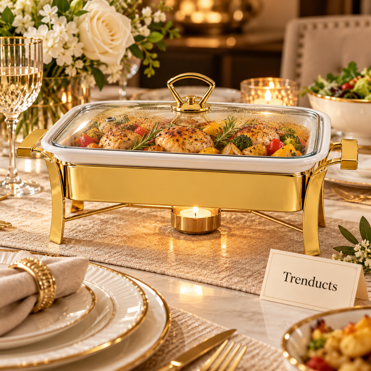 Brilliant Rectangular Serving Dish with Candle Warmer - White & Gold