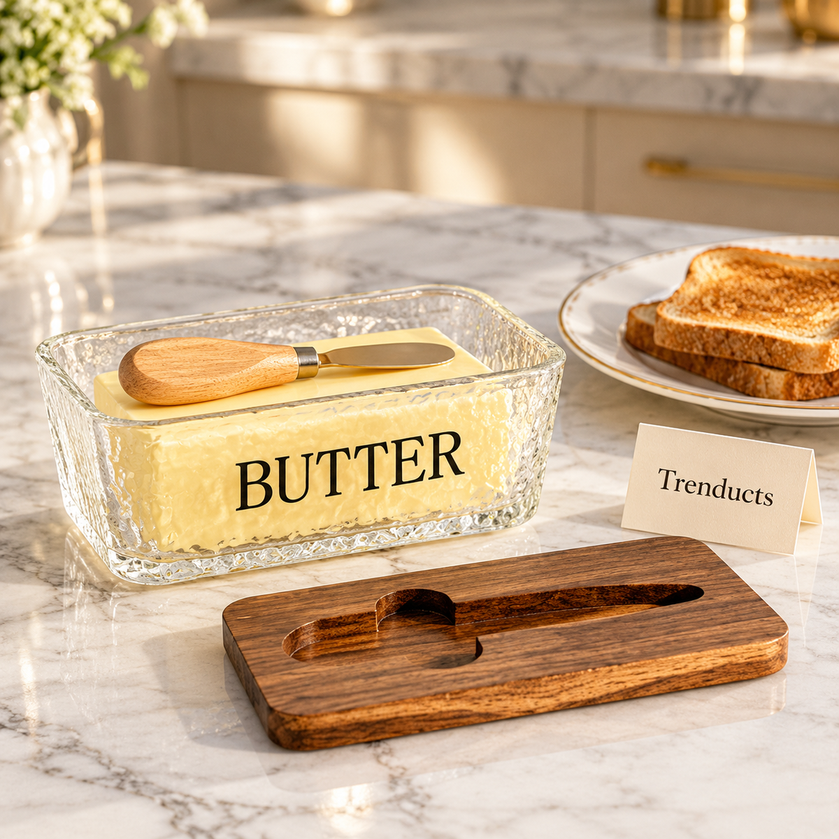 Glass Butter Dish with Wooden Lid and Butter Knife