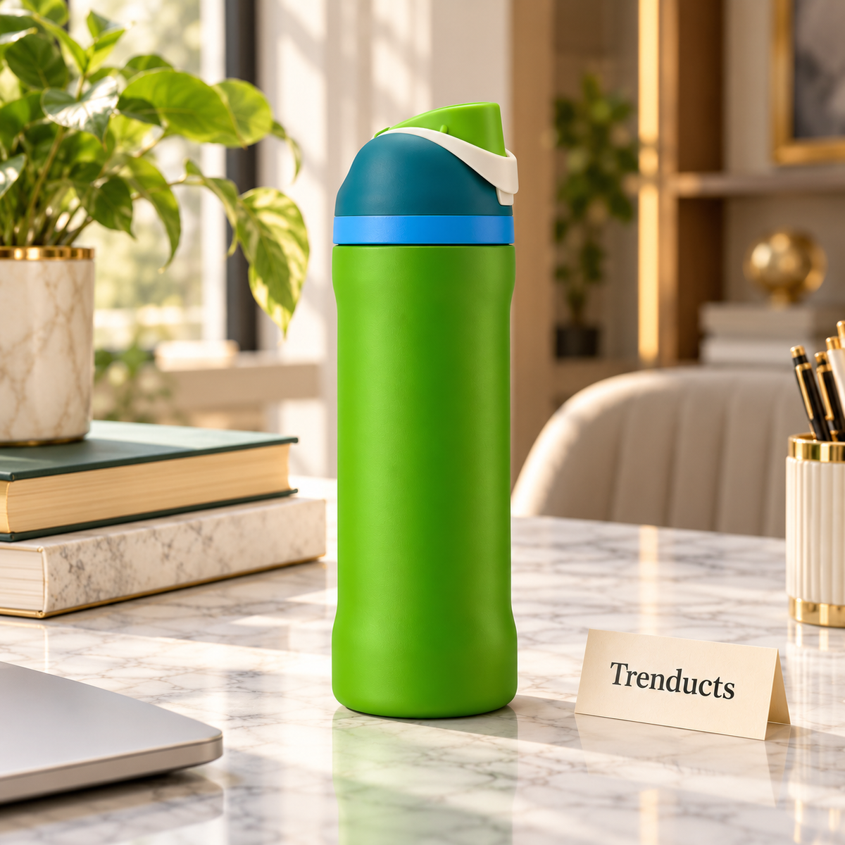 Premium Insulated Water Bottle - Green with Flip Straw Lid