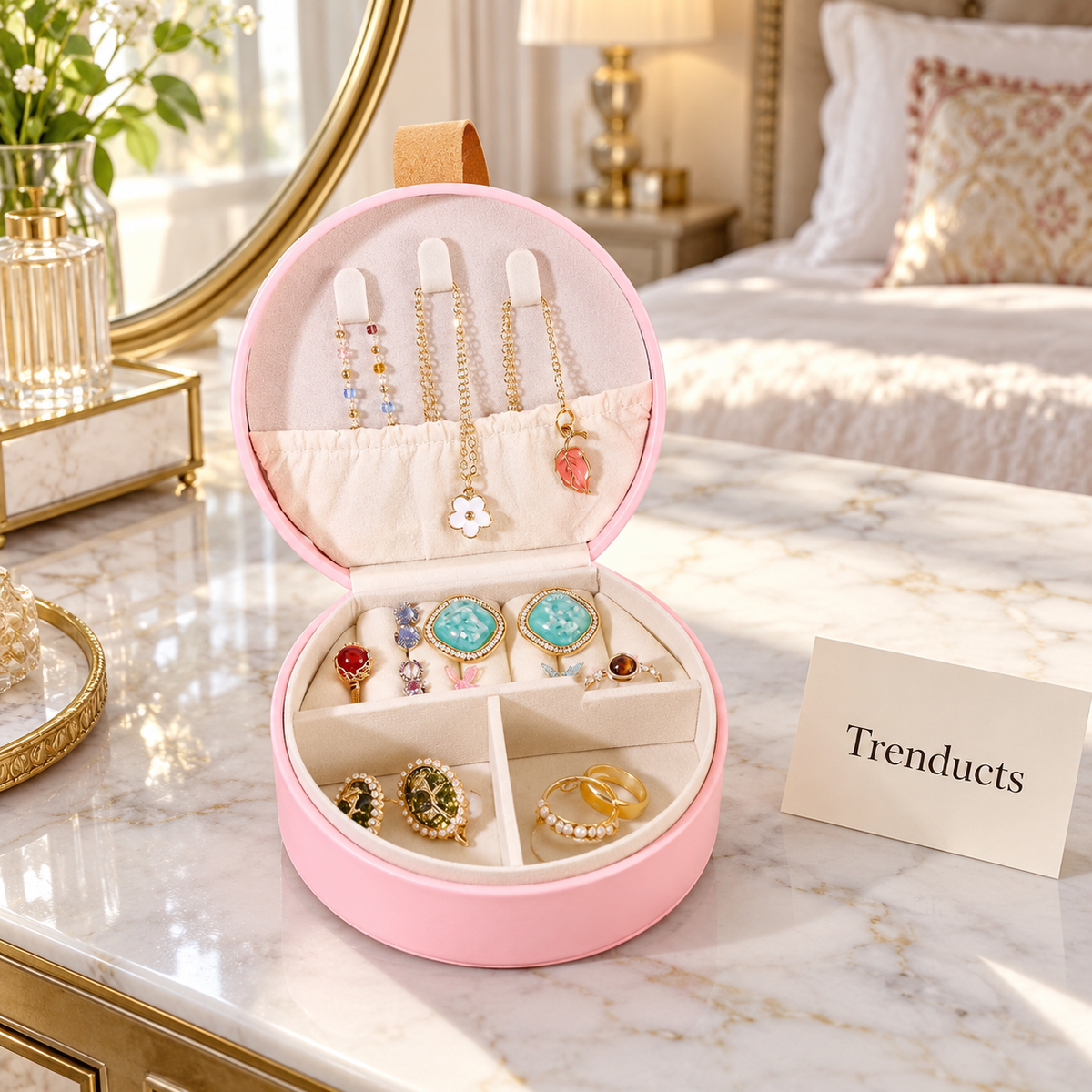 Mini Jewellery Box - Pink Round Handbag Travel Case