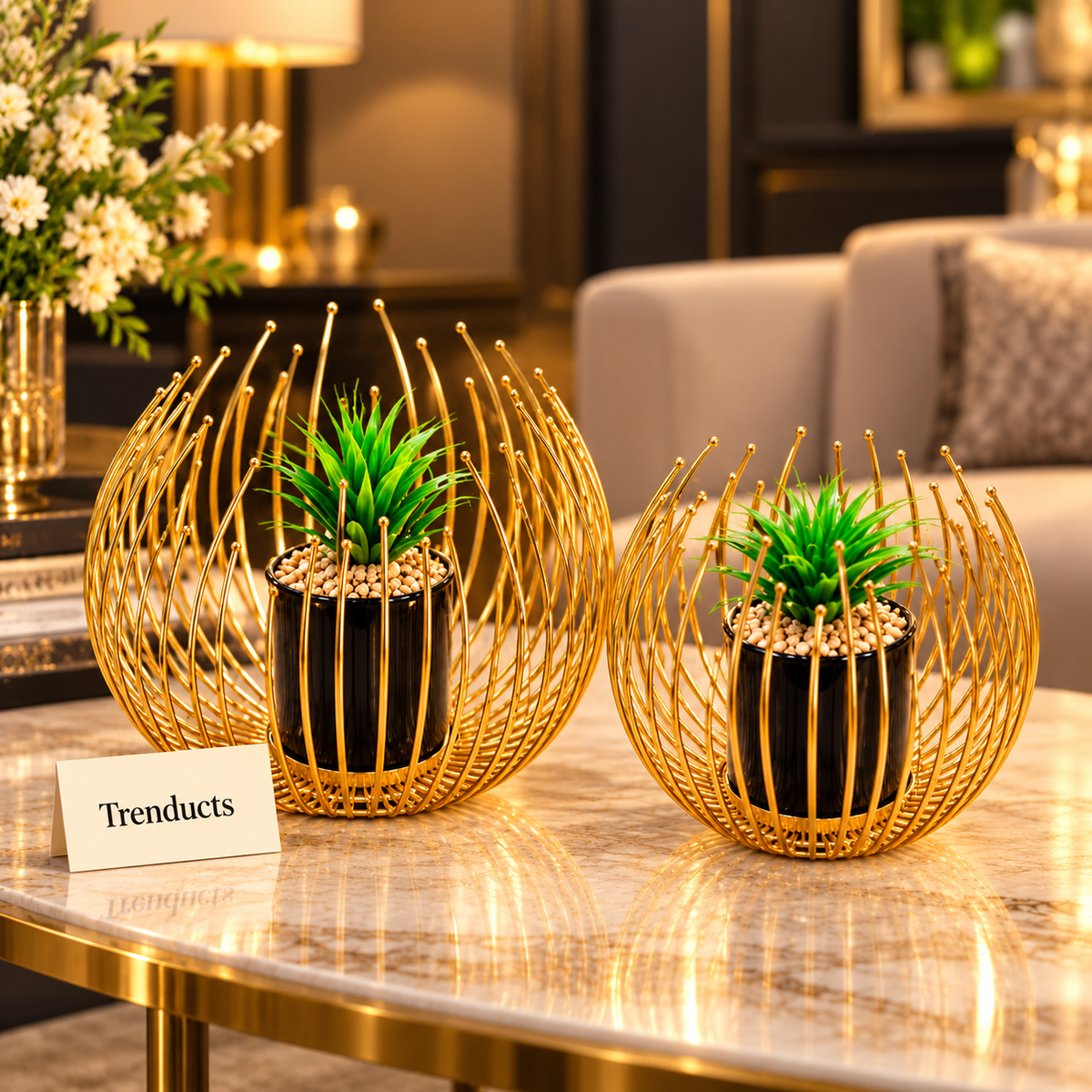 Gold Wire Cage Metal Flower Pot Set – 2 Pcs Set