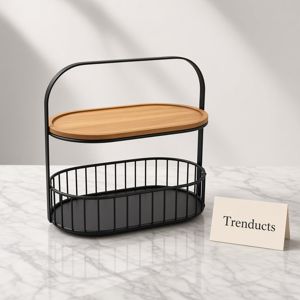 Storage Basket 2 Tier Metal with Bamboo Tray - Black