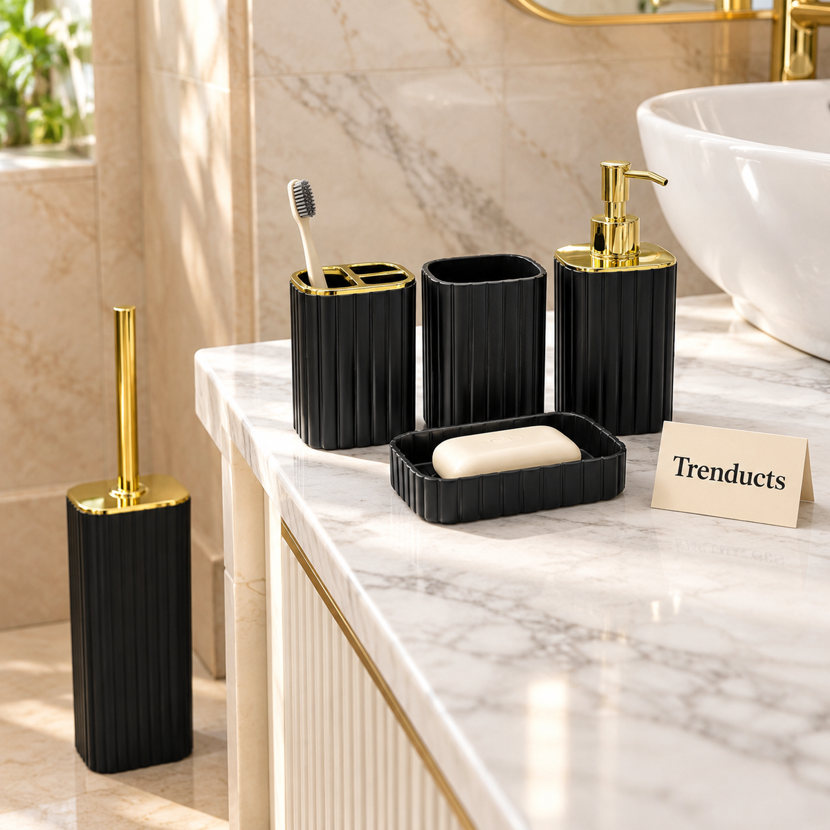 5 Piece Bathroom Set - Matte Black Plastic with Gold
