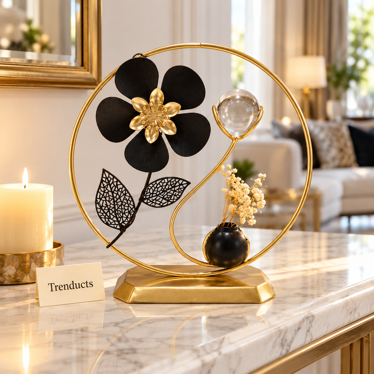Crystal Ball Table Decor - Black Flower & Mini Vase
