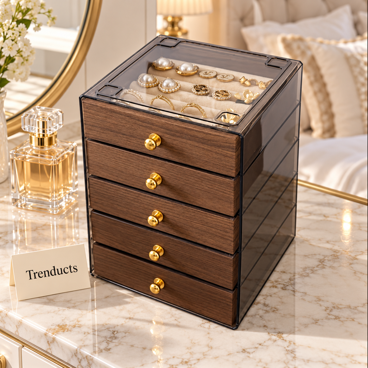 Wooden Jewelry Box - 5 Layer Walnut Drawers with Clear Lid