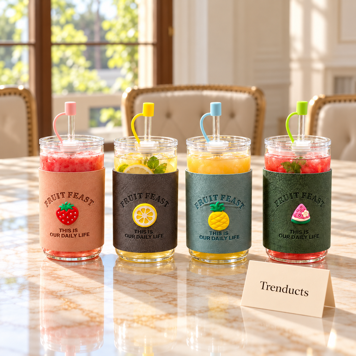 Fruit Feast Glass Mug with Straw - Leather Sleeve (Random)