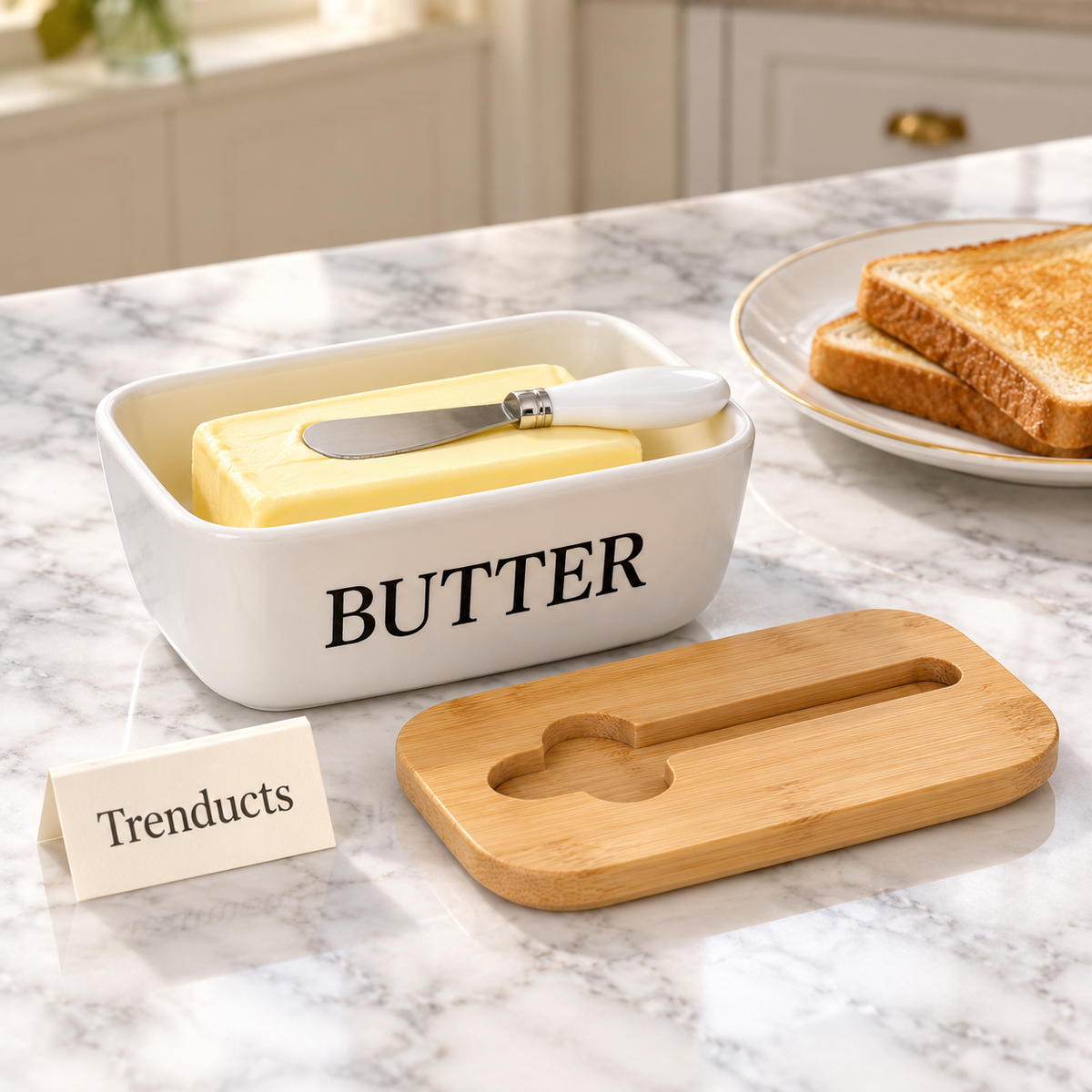 Luxury Ceramic White Butter Dish with Bamboo Lid and Butter Knife