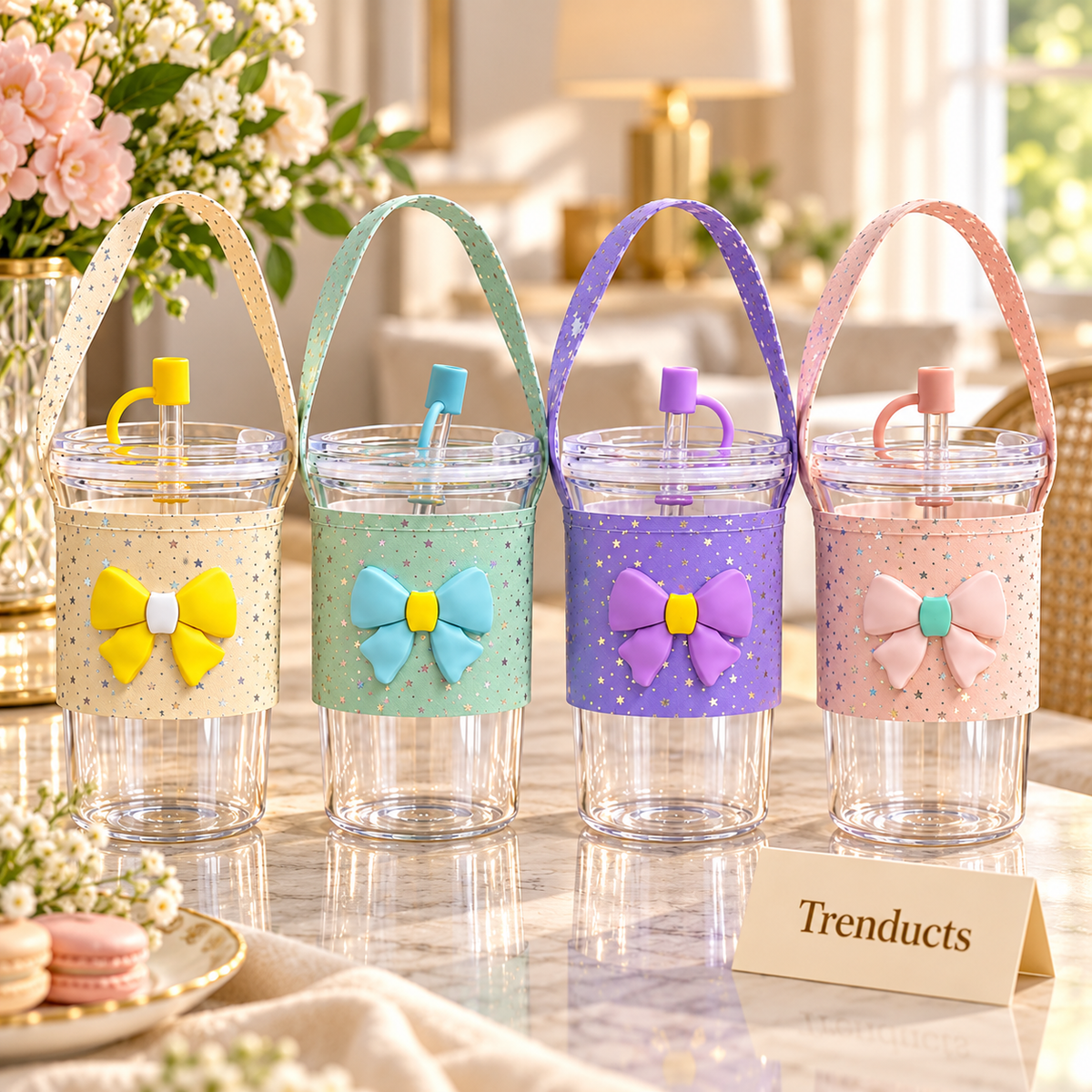350ml Glass Sipper with Straw, Bow Sleeve and Hanging Strap (Random Color)