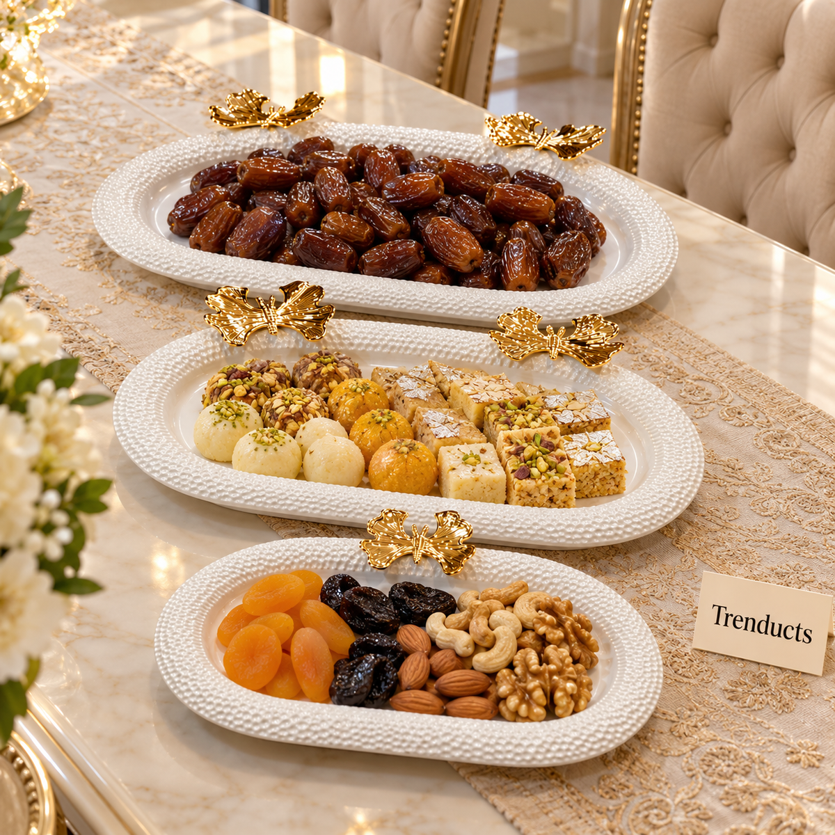 Luxury White Decorative Tray Set - Gold Butterfly Handles