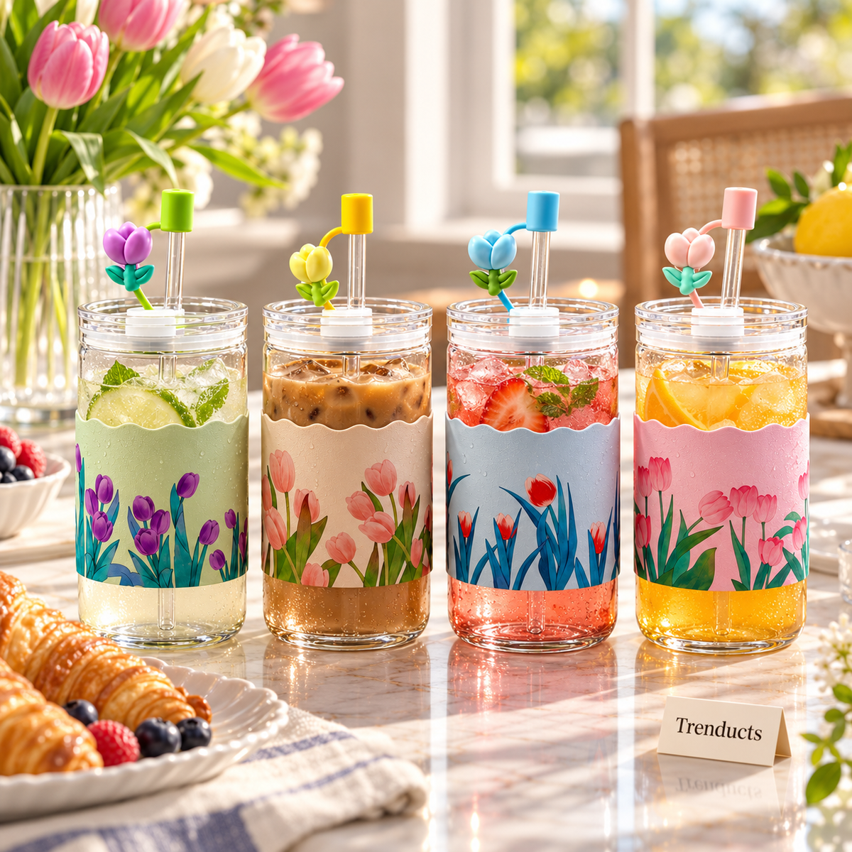 Tulip Glass Mug with Lid & Straw - Random Design