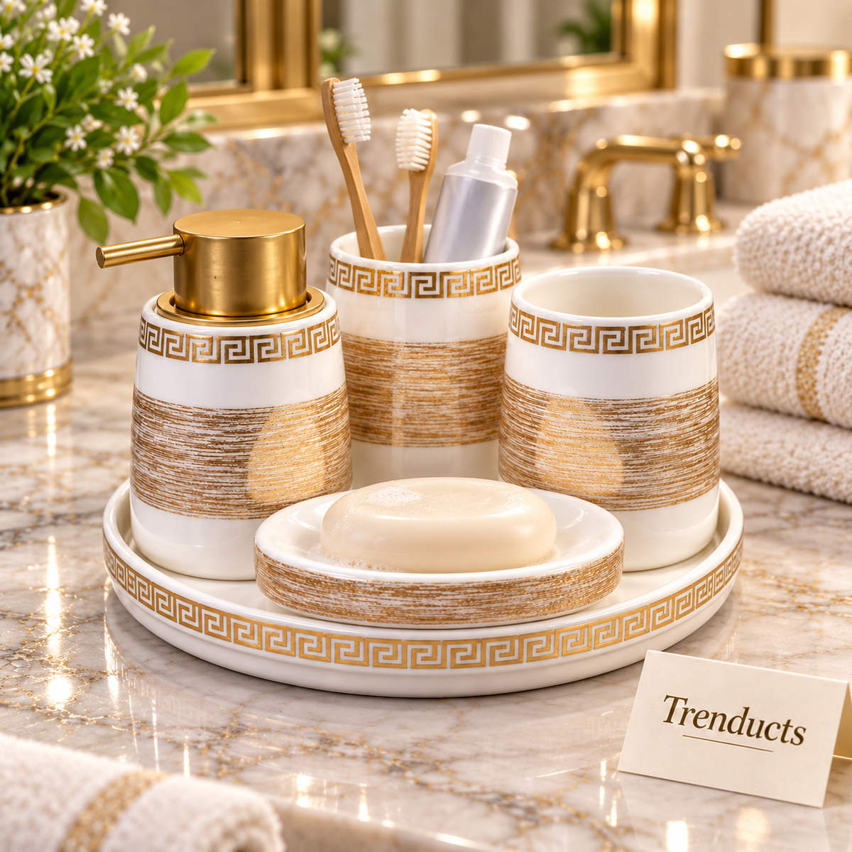 Brilliant 5 Piece Bathroom Set - White & Gold Greek Key