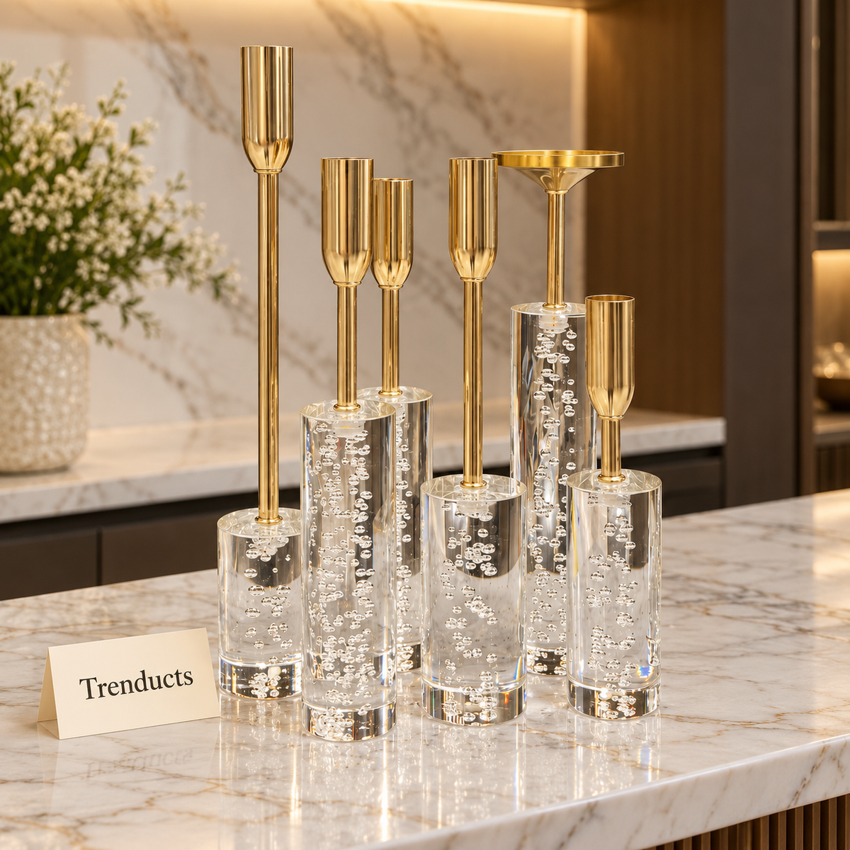 Crystal Candle Stand Set - 6 Pcs Gold Metal Stems