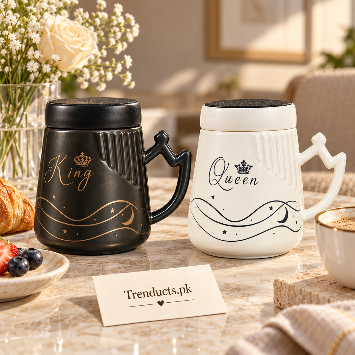 Monochrome King Queen Ceramic Couple Mug Set
