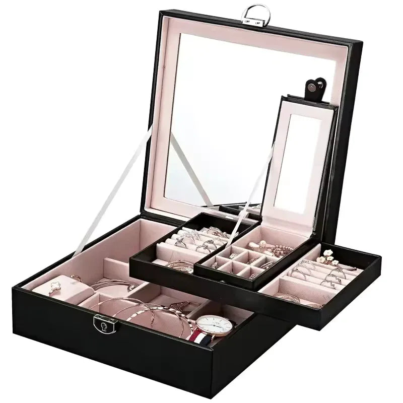 Multi Functional Leather Jewelry Box with Mirror - Clarify.pk