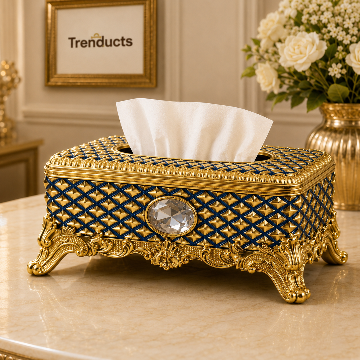 Ornate Crystal Tissue Box with Gold Baroque Base