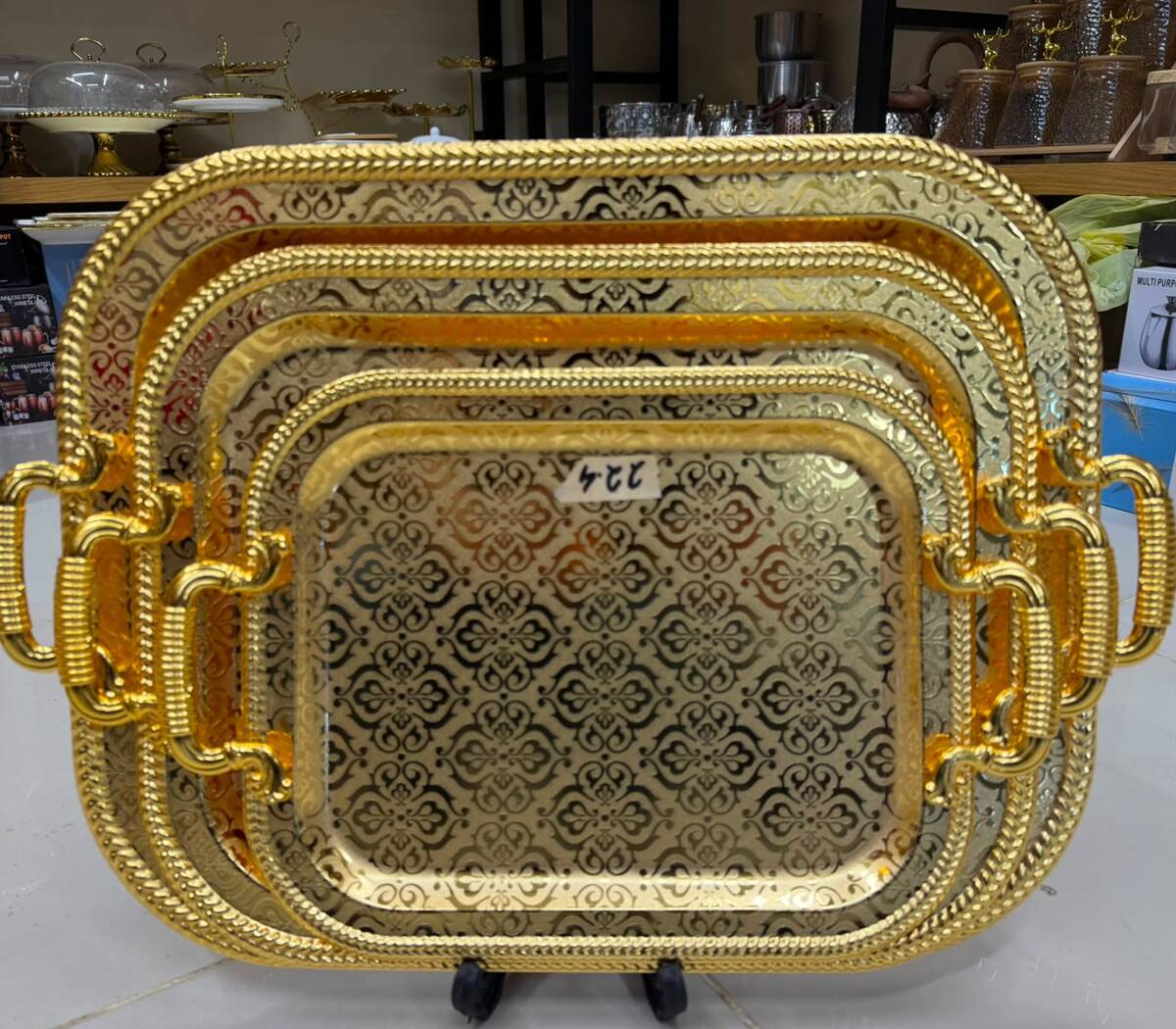 Damask Gold 3-Piece Stainless Steel Tray Set