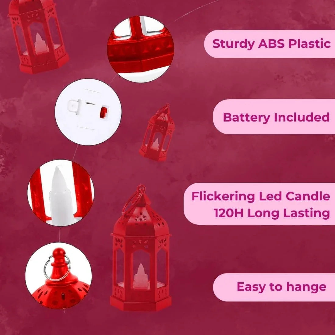 Red Ramadan Lantern Lamp with LED Candle - Clarify.pk
