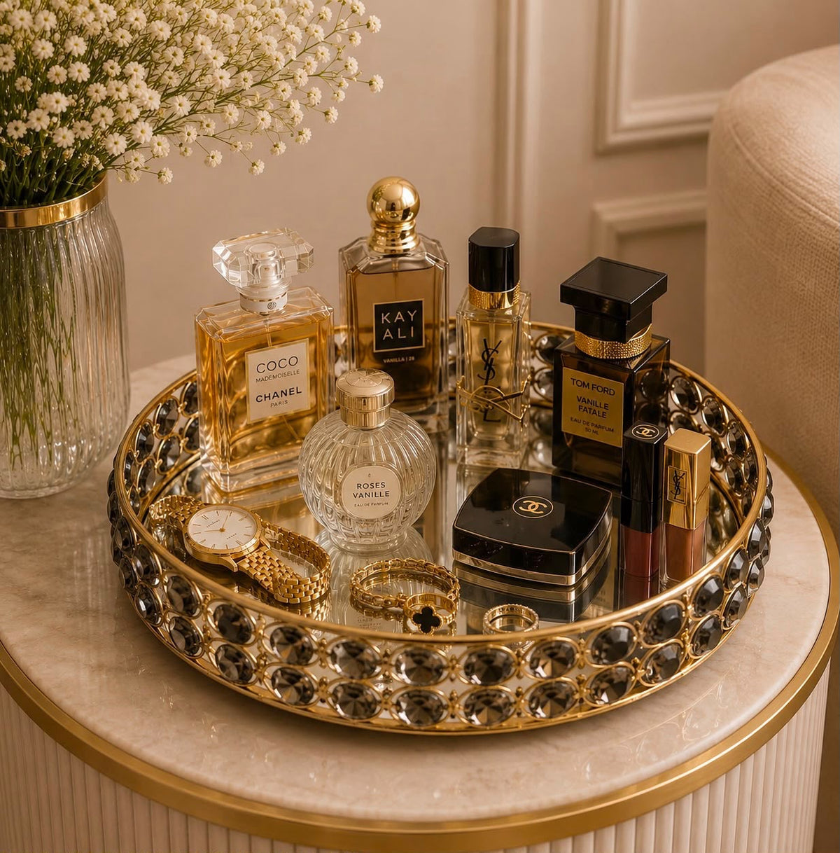 Round Metal & Glass Vanity Tray with Gold Frame