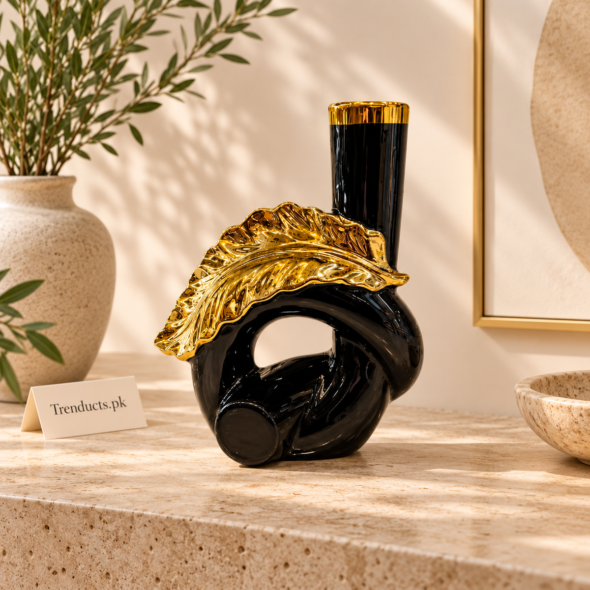 Black Round Ceramic Vase with Gold Leaf