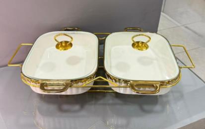 Brilliant Twin Rectangular Casserole Set with Gold Stand