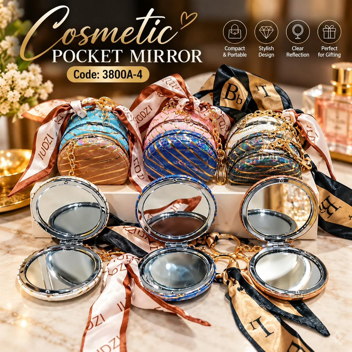Iridescent Striped Cosmetic Pocket Mirror - Round with Chain and Scarf (each)