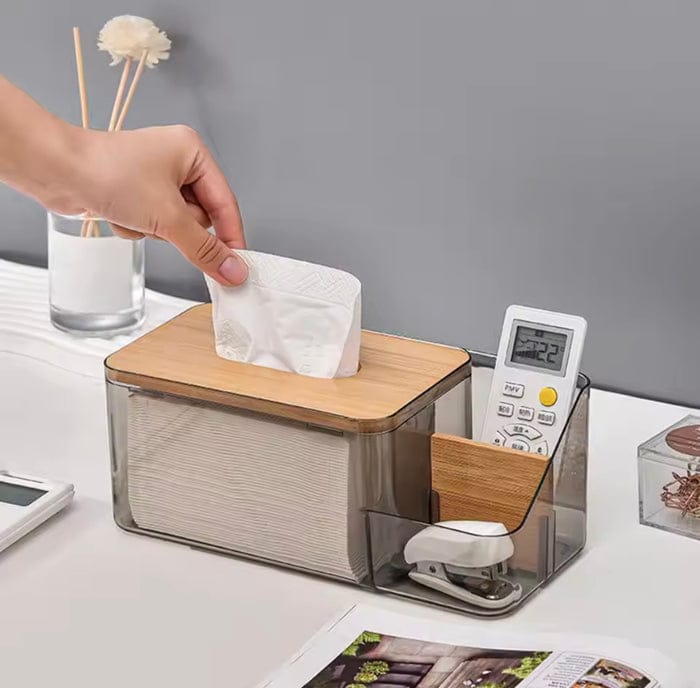 Acrylic Tissue Box Organizer with Side Compartment and Wood-Look Lid