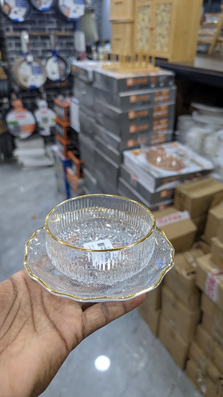 Ribbed Glass Bowl Set with Gold Rim Saucers - 6 Pcs