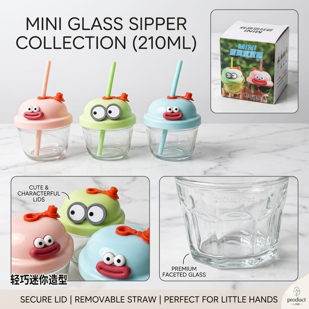 210ml Mini Glass Sipper with Cute Character Lid and Straw (Random Color)