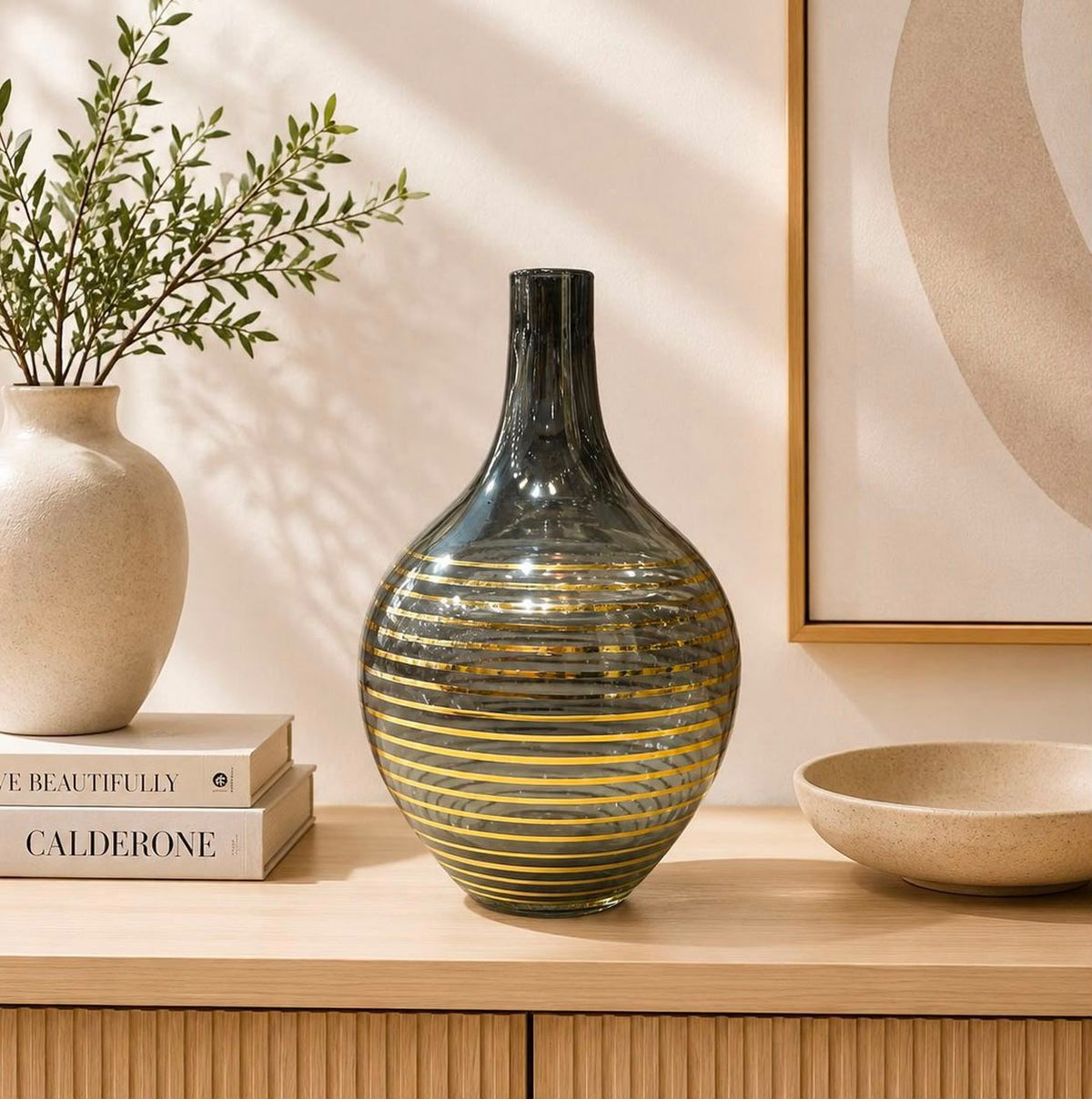 Smoky Grey Glass Vase - Bottle Shape with Gold Swirl Lines