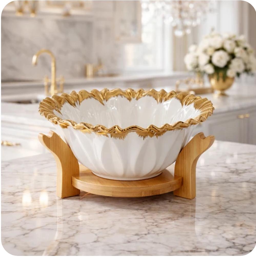 Ruffled Gold Rim Ceramic Bowl with Wooden Stand - 25 cm