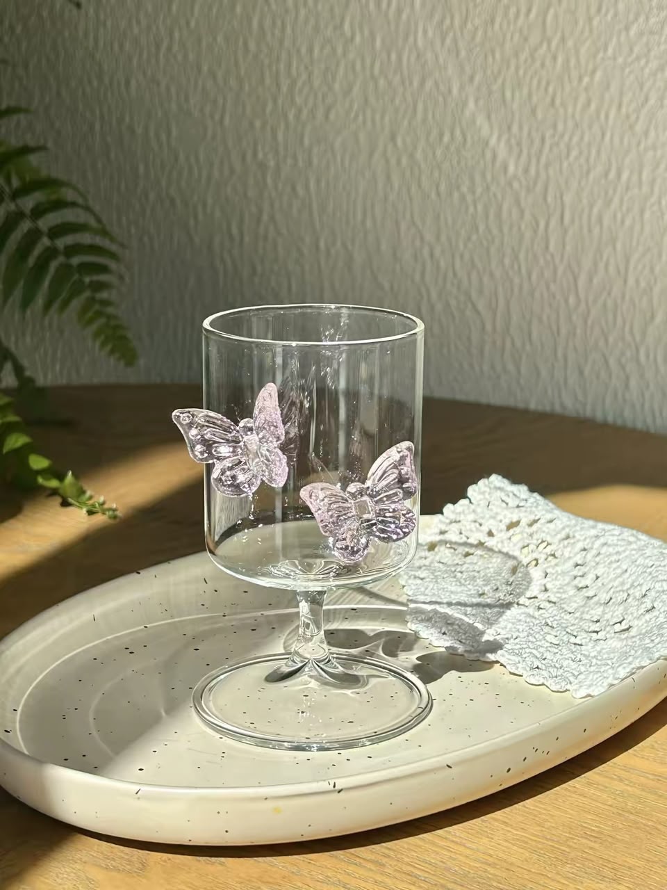 Aesthetic Double Butterfly Juice Glass - Clear Glass with Pink Butterflies