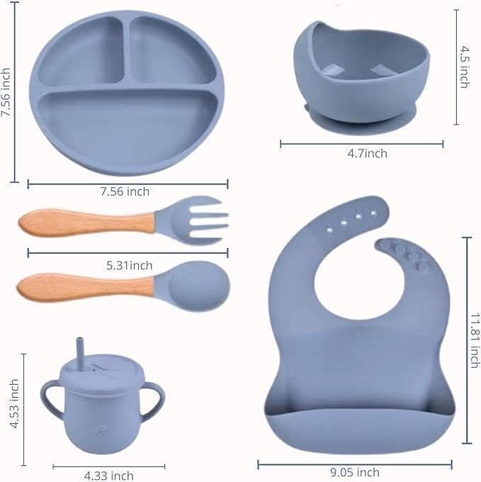 Silicone Baby Feeding Set with Bib, Divided Plate, Bowl and Cup