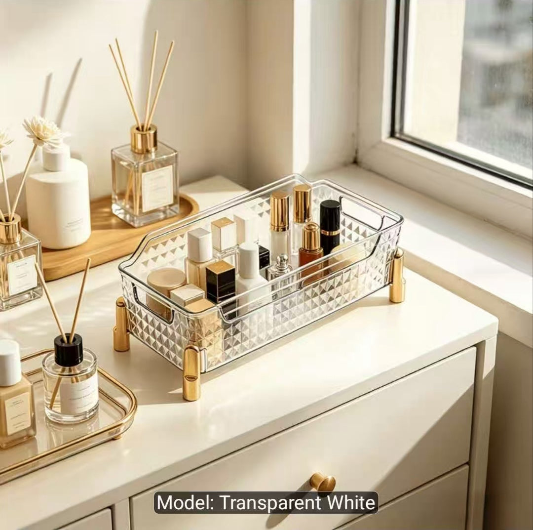 Transparent Vanity Organizer Tray with Gold Feet