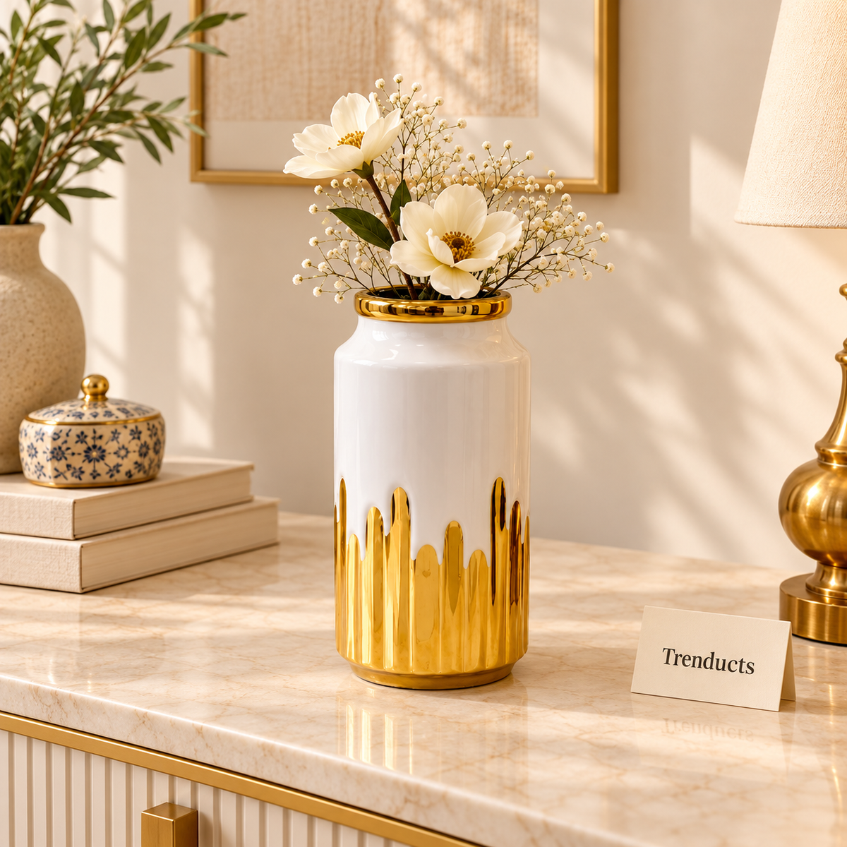 White Ceramic Vase with Gold Drip Finish
