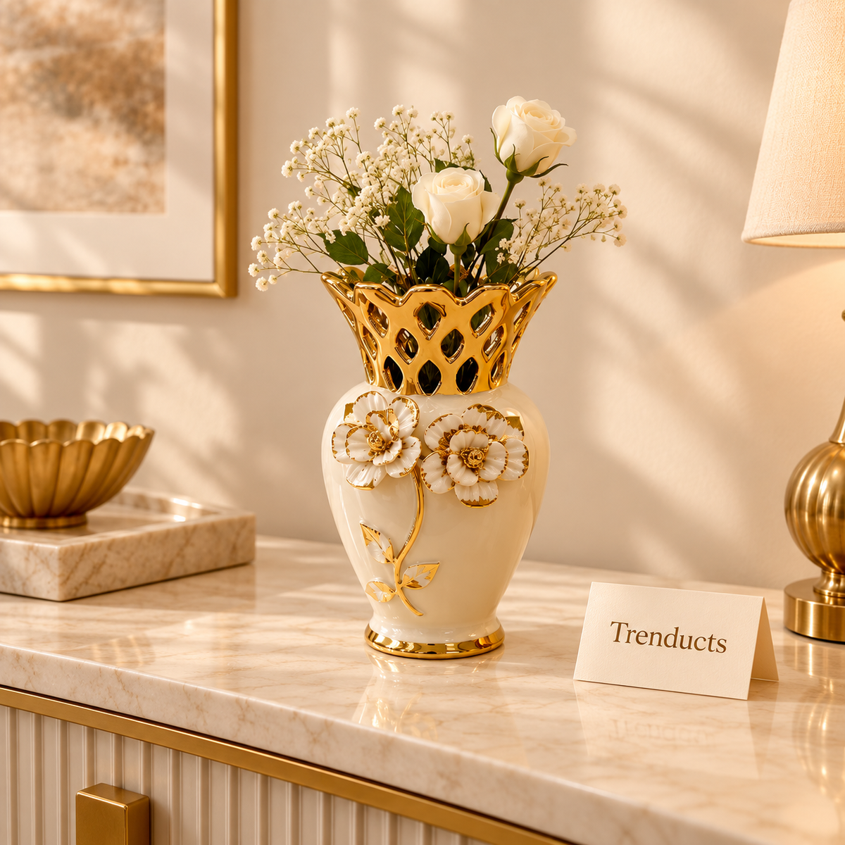 White & Gold Floral Cutwork Ceramic Vase
