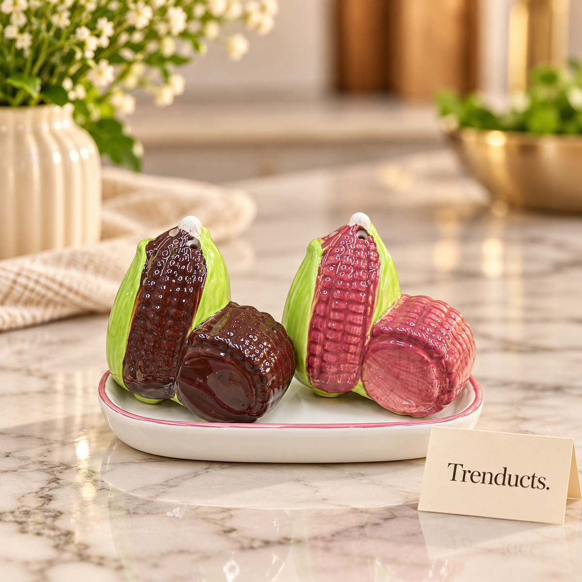 Corn Ceramic Salt & Pepper Shaker Set with Tray