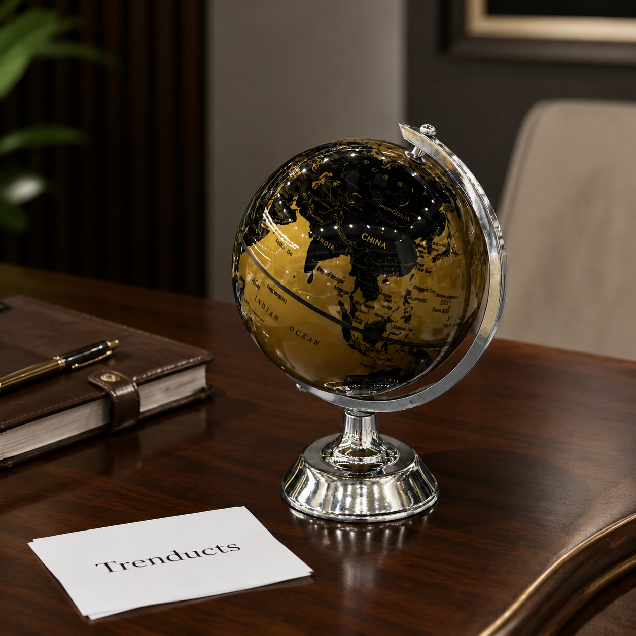 Black & Gold Globe with Silver Pedestal