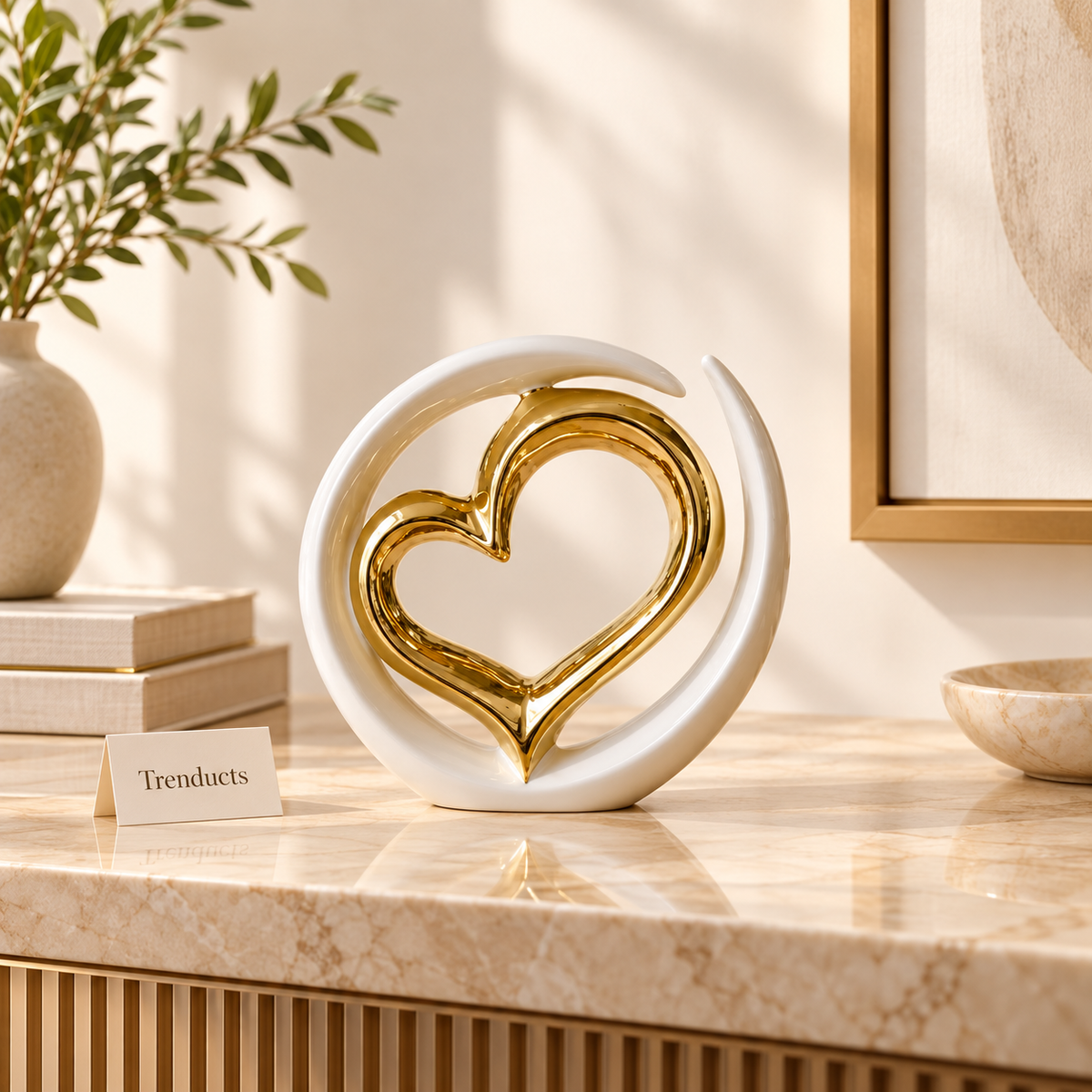 White & Gold Heart Ceramic Decor Sculpture
