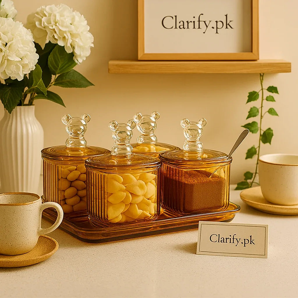Amber Glass Storage Jars Set with Cute Lids