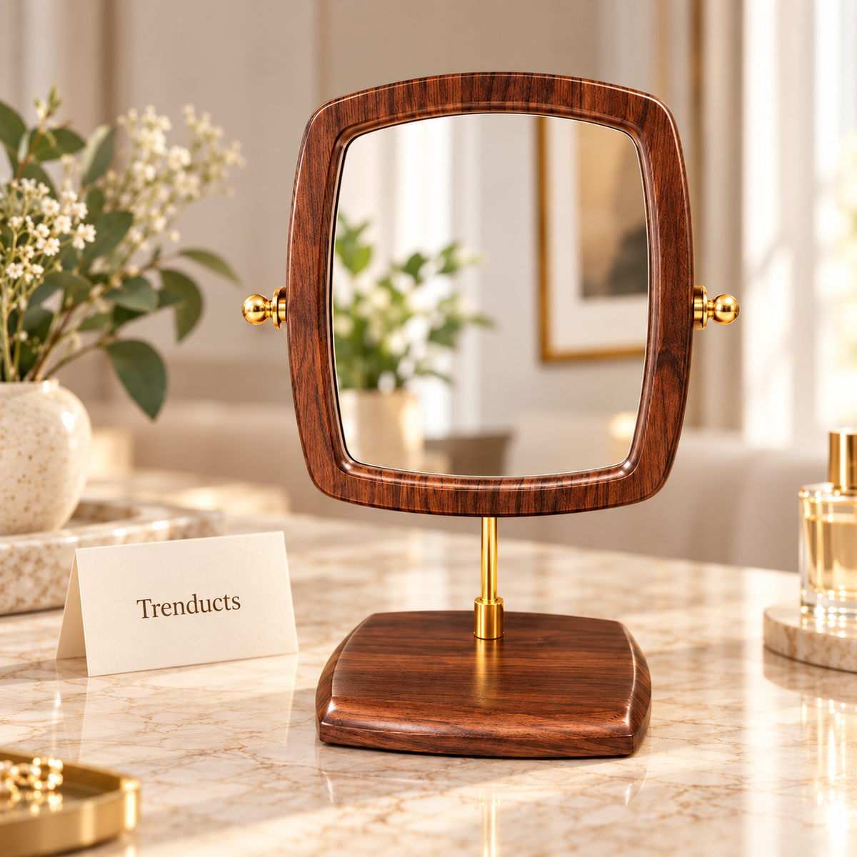 Rectangular Wooden Table Mirror with Stand