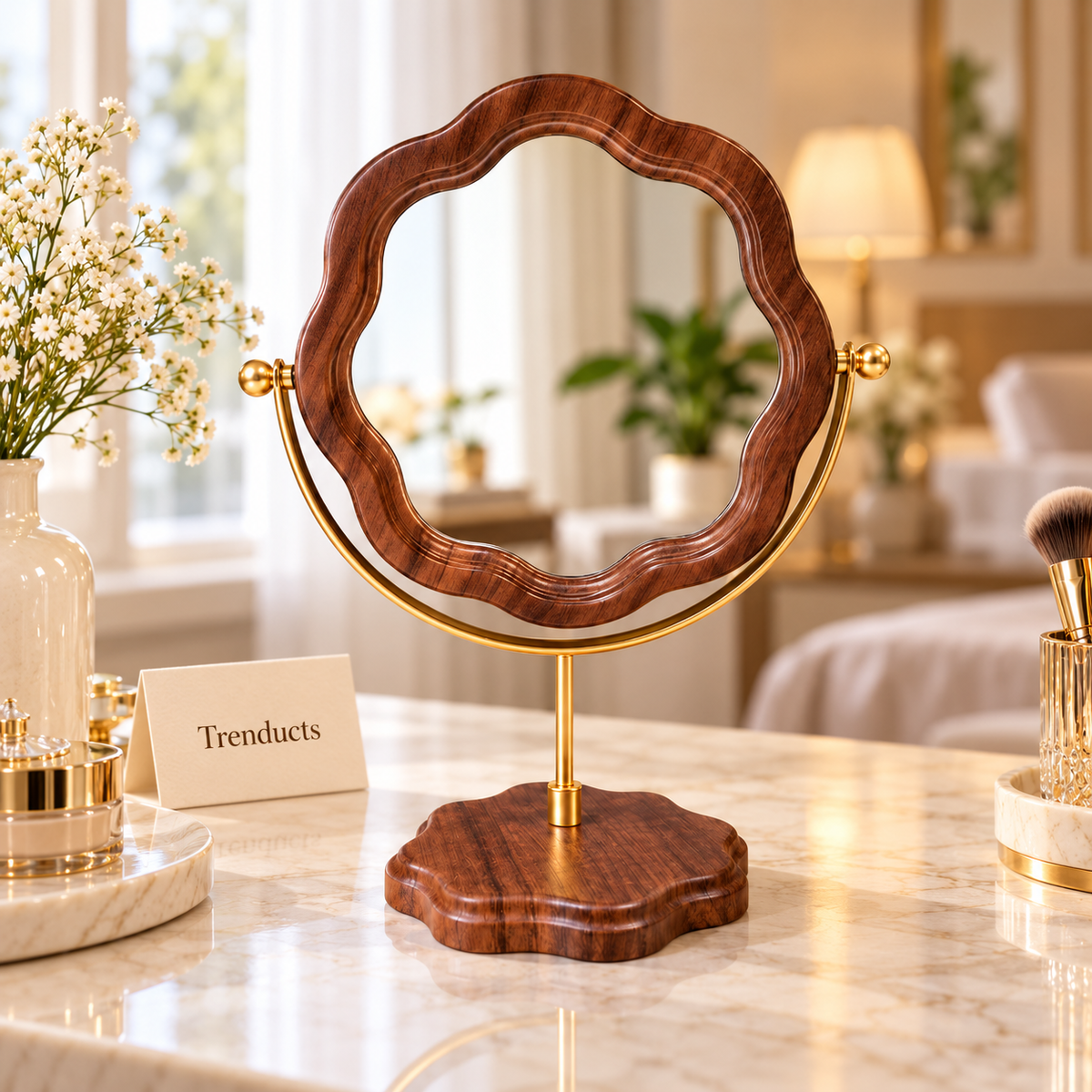 Wavy-Edge Wooden Table Mirror Stand