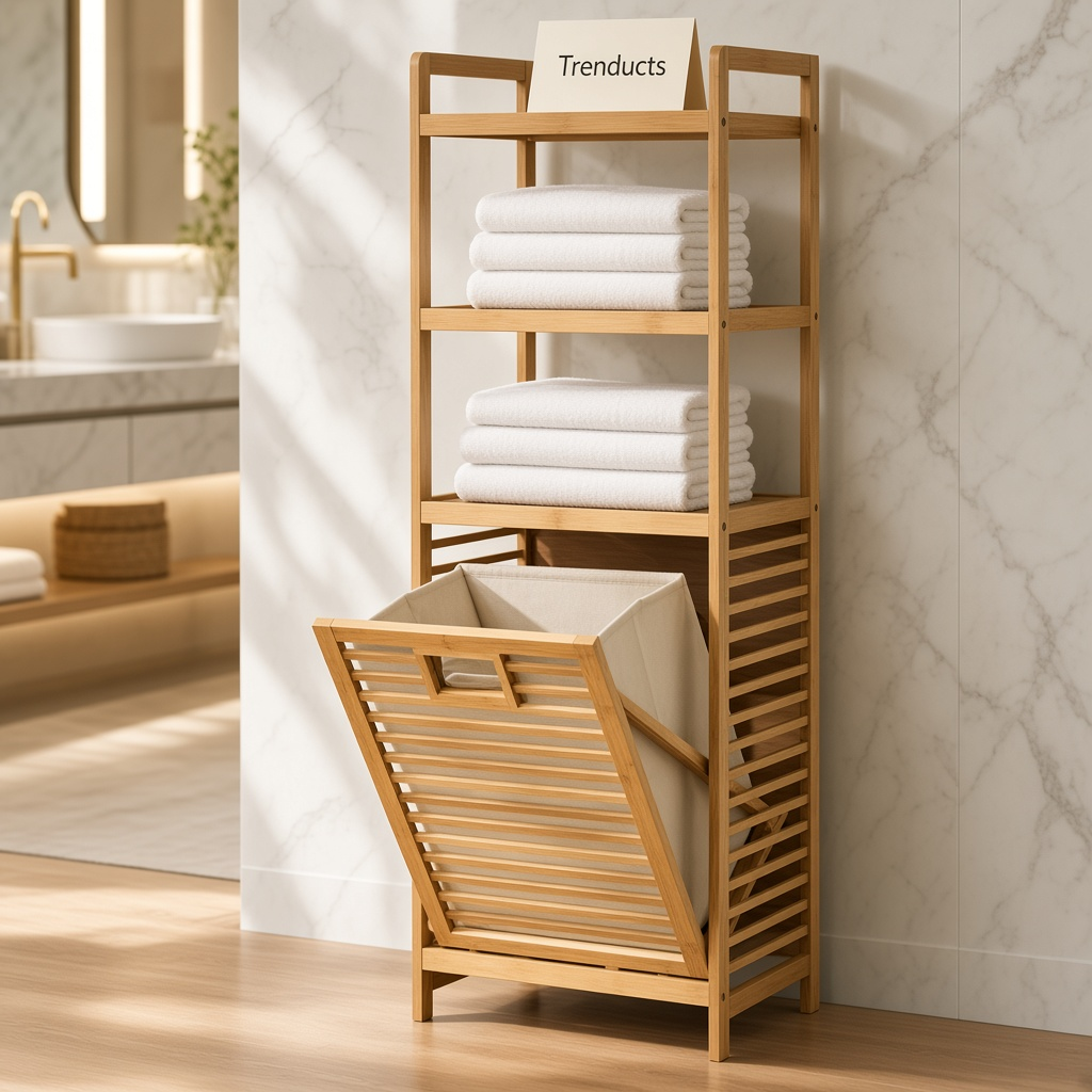 Bamboo Laundry Cabinet with Laundry Basket and Shelves