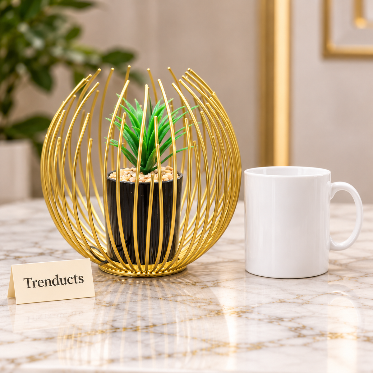 Gold Wire Planter with Black Pot - Spherical Cage Design