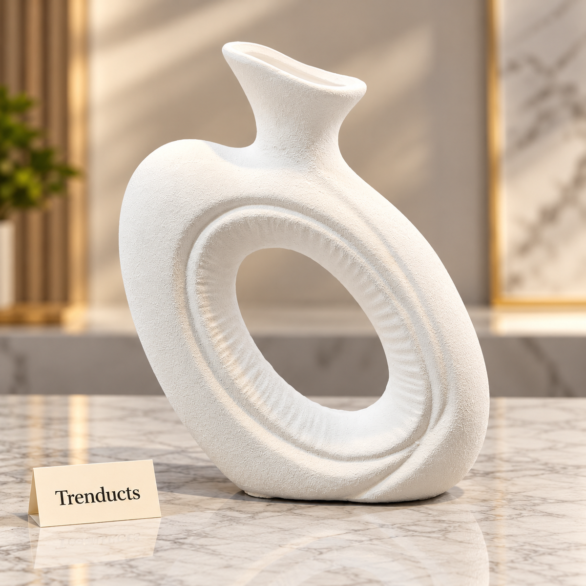 White Sculptural Loop Vase - Textured Ceramic Ring