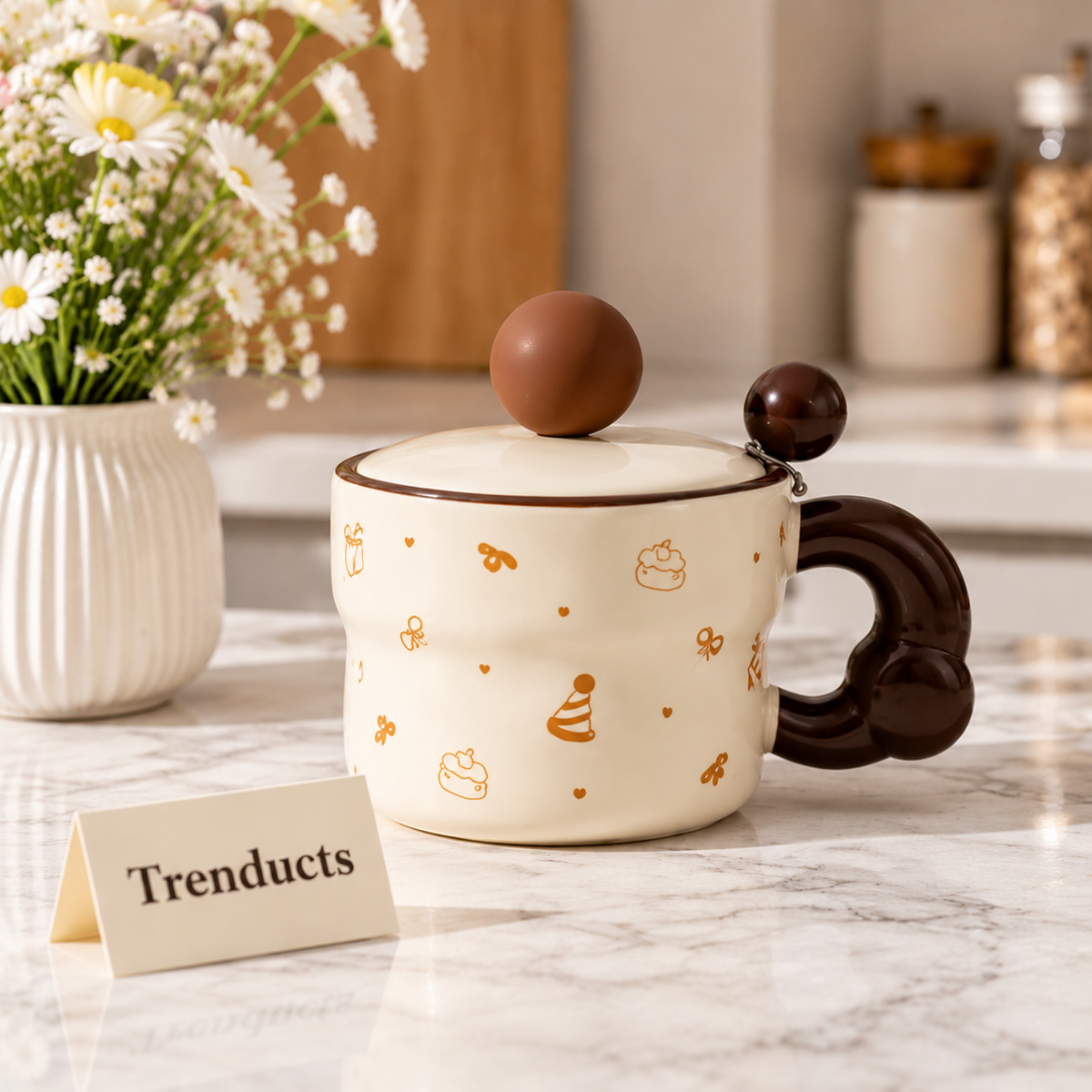 Ceramic Mug with Lid and Ball Knob - Pastel Prints